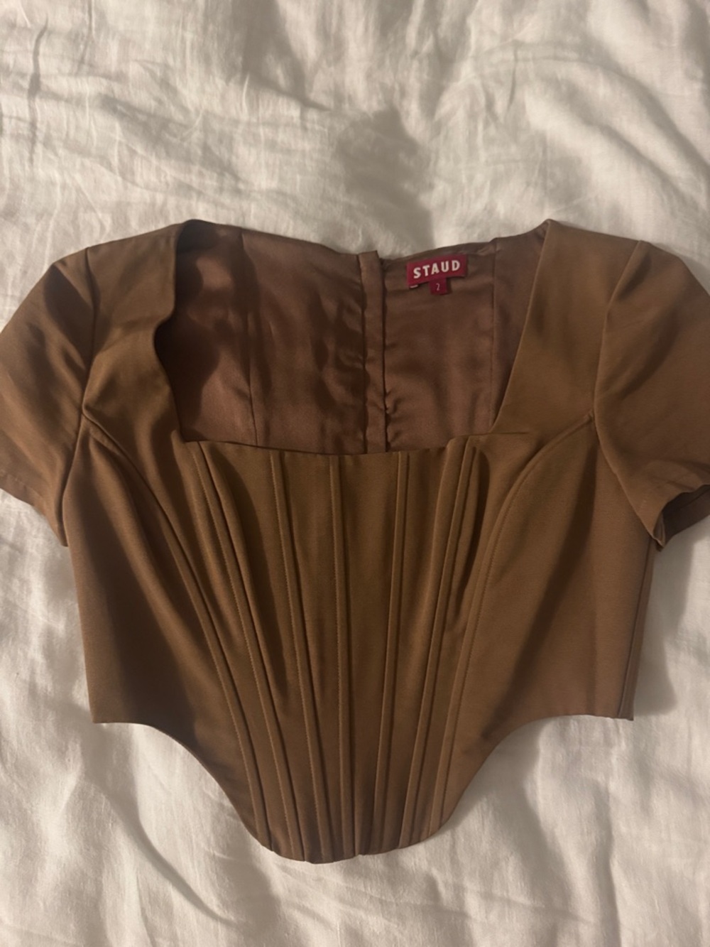 STAUD Brown Piped Corset-Style Short Sleeve Top